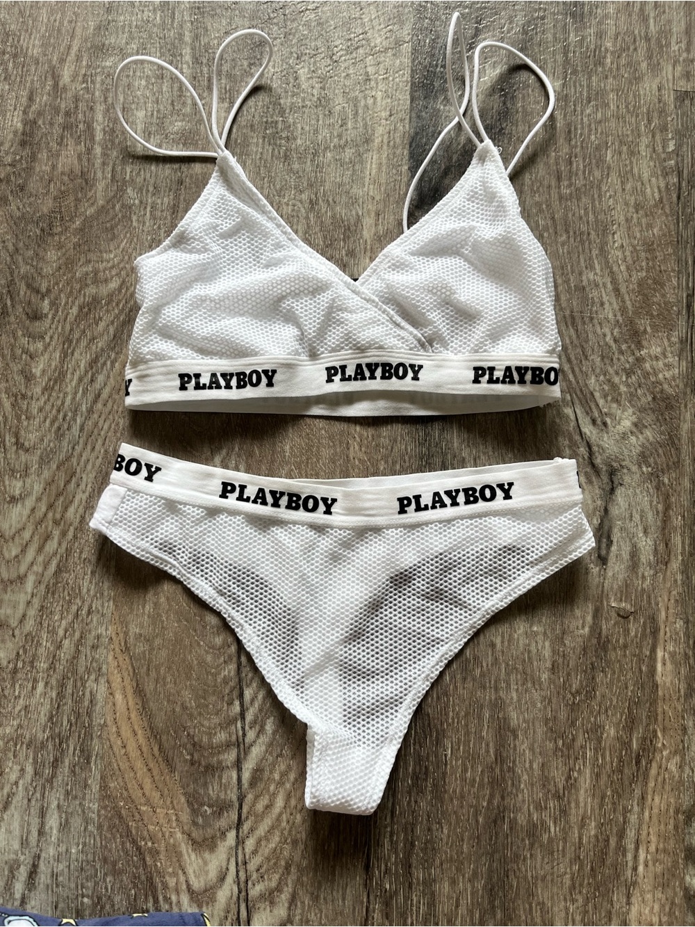 PLAYBOY White Mesh Lingerie Set with Logo Waistband